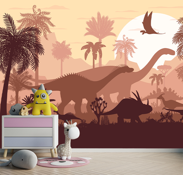 Transform your room with this prehistoric dinosaur landscape. Featuring silhouettes of giants, lush jungles, and a sunset sky for a magical, adventurous look.
