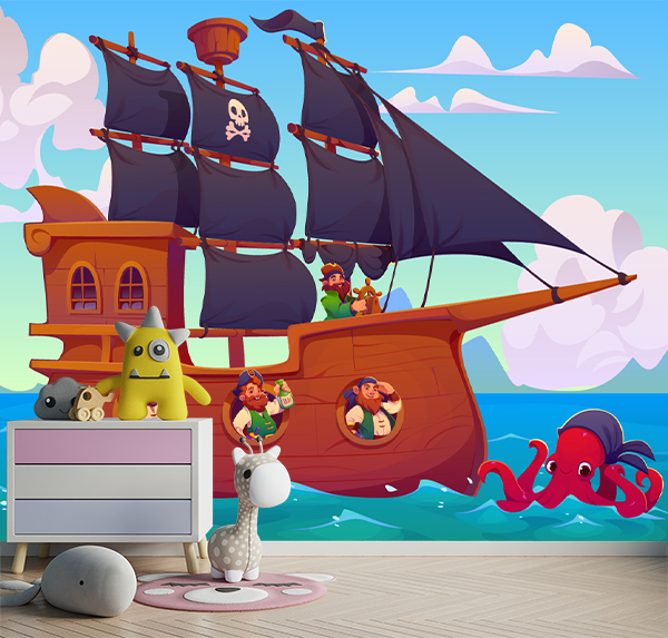 Bring adventure to your child's room with this pirate ship wallpaper. Featuring a sailing vessel, crew, and a playful octopus against a bright blue sky.