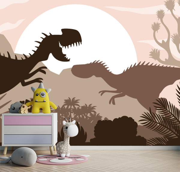 Silhouetted dinosaur wallpaper with a sunlit prehistoric scene—perfect for sparking imagination and adventure in any child’s bedroom or playroom.