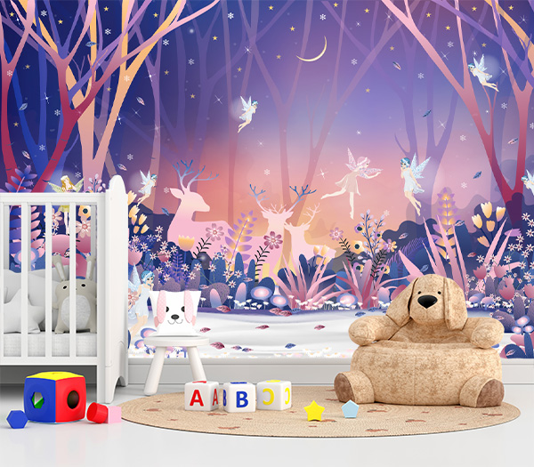 whimsical deer, sparkling fairies, and a dreamy pastel color palette, this child's wallpaper creates a serene and imaginative space.