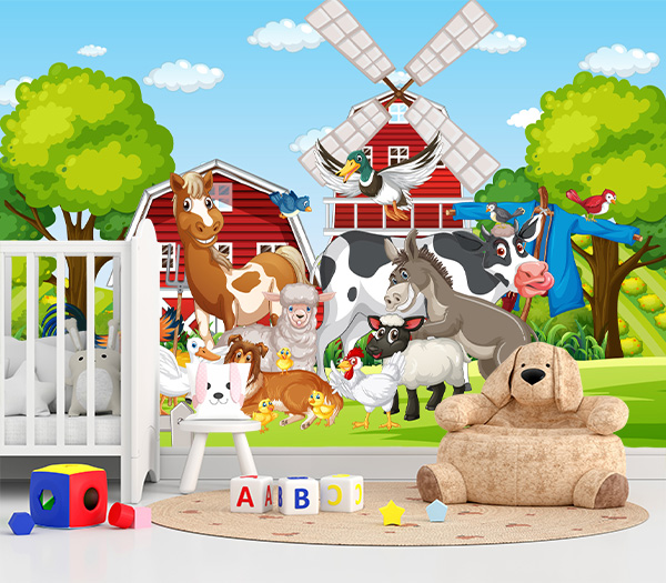 charming red barn, windmill, and a cast of happy animals – a smiling horse, proud rooster, fluffy sheep, playful donkey, cow, dog, duck, and chicks.