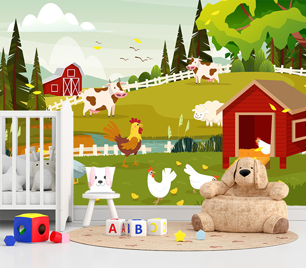 Transform your space with this charming farm scene wallpaper. Featuring a red barn, happy animals, and lush green fields—ideal for a cozy, imaginative room.