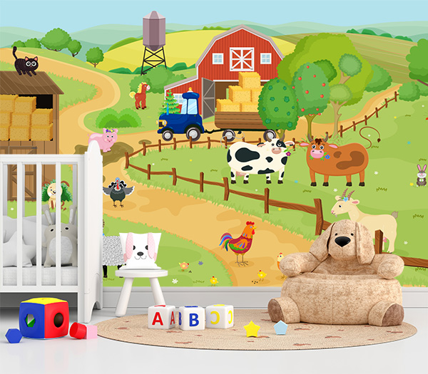 Add a cheerful farm scene to your child's space. Vibrant animals, a red barn, and lush surroundings make this wallpaper ideal for a fun, imaginative room.