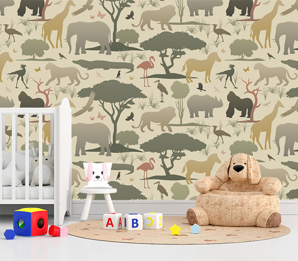 Stylish kids’ wallpaper featuring African wildlife. A seamless, educational design that brings the beauty of the savanna into your child’s room