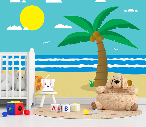 Tropical treasure scene. Featuring a treasure chest, palm trees, and ocean waves—perfect for adding adventure to any room