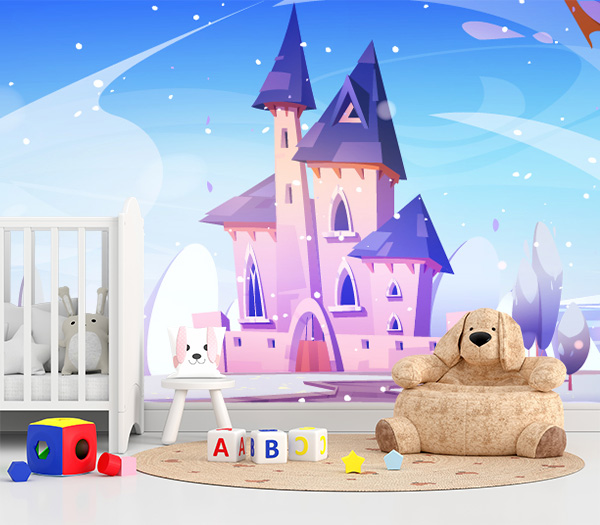 Pink castle, snow-covered landscape, and gentle snowflakes create a magical, tranquil atmosphere perfect for sparking imagination.
