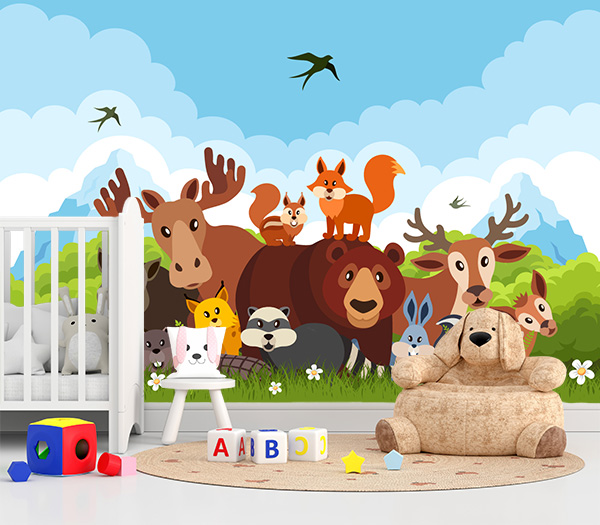 woodland wonderland Featuring a friendly moose, bear, fox, deer, and more. Perfect for creating a peaceful and imaginative space for kids of all ages.