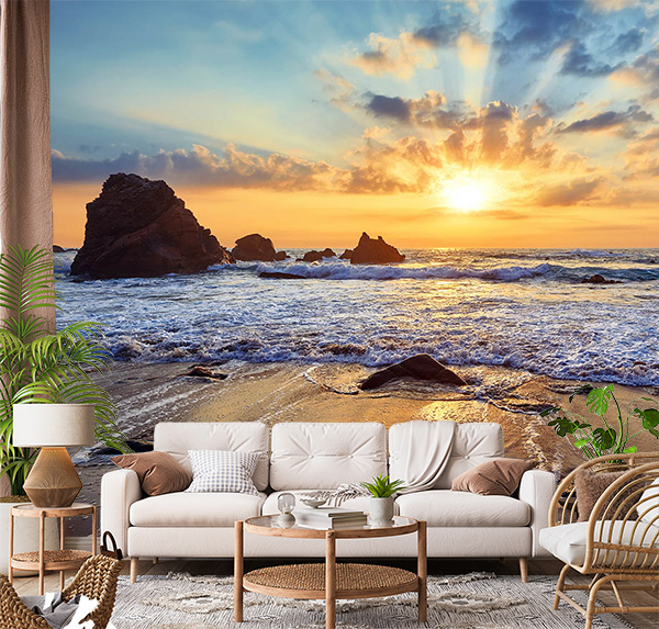Sand beach among rocks on evening sunset. Ursa Beach near Cape Roca (Cabo da Roca) at Atlantic Ocean coast in Portugal. Summer landscape.