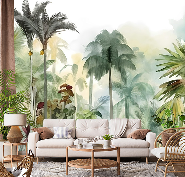 Explore a peaceful tropical paradise with lush palms and misty atmosphere. Soft greens and watercolor style evoke calm and biodiversity.