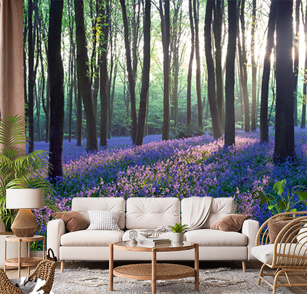 Morning Bluebell Woodland with tall trees, and gentle light. Radiates peacefulness and natural beauty, ideal for evoking calm and renewal