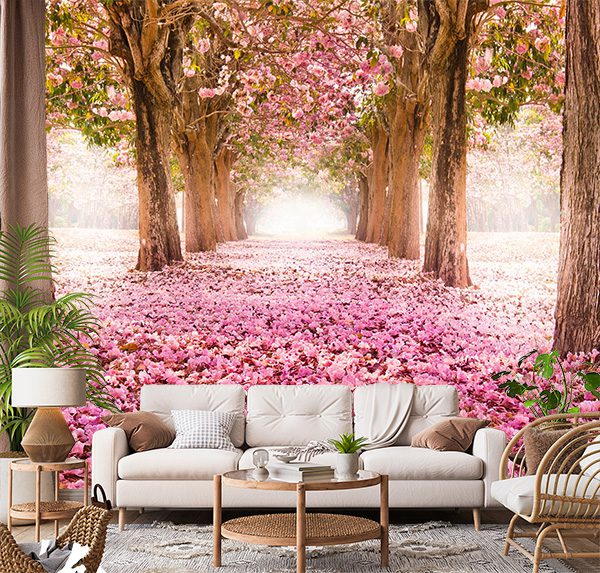 A beautiful pathway with flowering trees and pink petals, perfect for calming, floral-inspired decor themes and enhancing interiors with natural beauty.