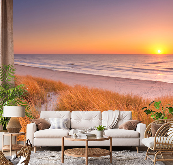 serene beauty of Texel Island, Netherlands, fiery sun dipping below the horizon, painting the sky in vibrant oranges and lavenders over a vast sandy beach