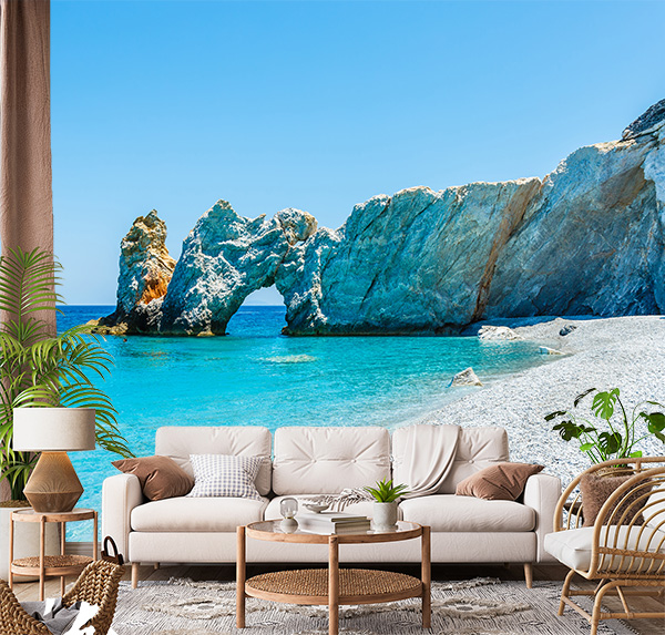 iconic Hole-in-the-Rock at Lalaria Beach on Skiathos Island, Greece. striking natural arch carved into towering white cliffs.