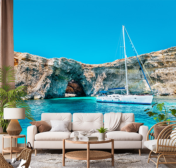 Escape to tranquility with this sailboat scene in the crystal lagoon at Comino, Malta. Featuring limestone cliffs and azure waters, perfect for a peaceful, nautical space.