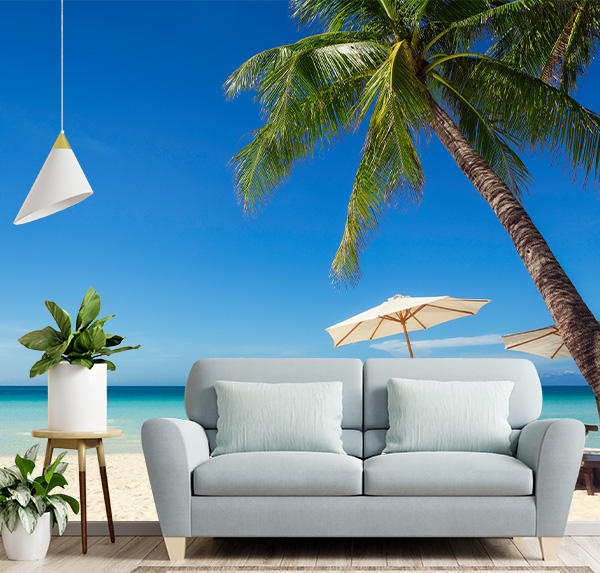 Escape to paradise with Crystal-clear turquoise water, white sand, and a swaying palm tree create a tranquil scene perfect for your walls.