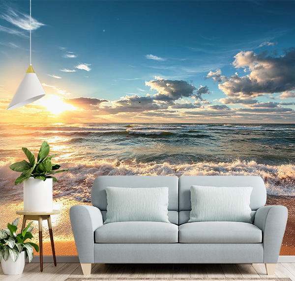 Golden hour light bathes crashing waves and a sandy beach in warm, ethereal glow, evokes serenity and natural beauty. pefect for any room.