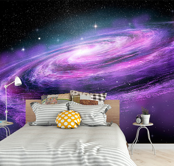 A surreal spiral galaxy in purples, pinks, and blues set against a star-filled sky—this cosmic artwork captures the dreamy wonder and vastness of deep space.