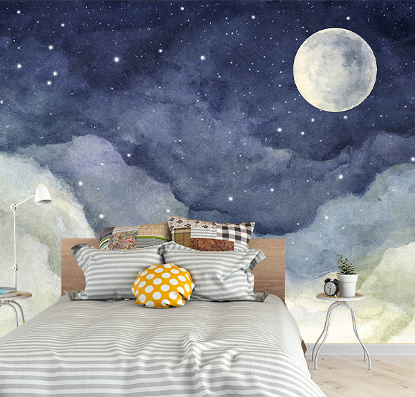 Watercolor painting of night sky with full moon and shining stars.