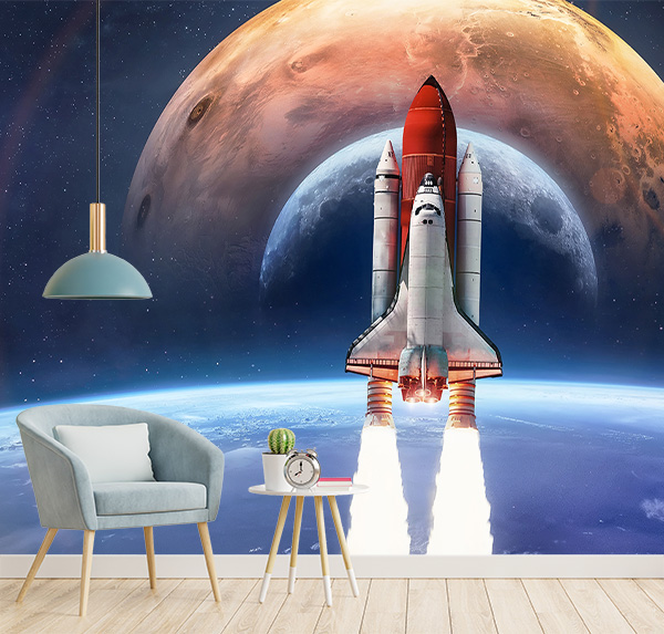 Space shuttle flight in deep space from Earth. Earth, Moon and Mars planet in space. Concept of spaceship mission to other worlds. Rocket launch in space. Elements of this image furnished by NASA